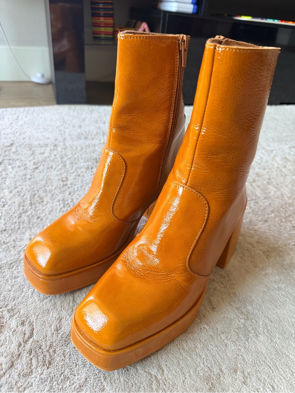 Free People Ruby Shine Orange Patent Leather Platform Boots EU 38 US 7.5